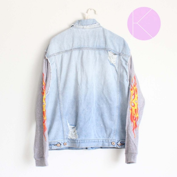 NWT LF Carmar Flames Distressed Denim Jacket - Picture 4 of 6